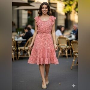 J.Crew Red Floral Midi Dress | Size 8 | Flutter Sleeve Fit & Flare